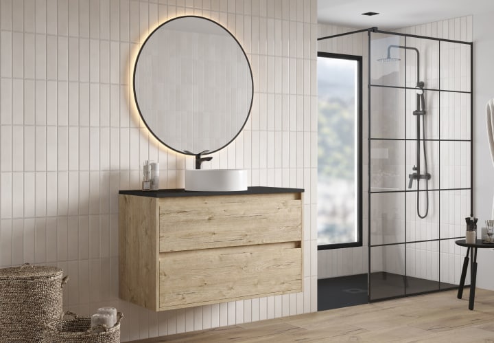 Mueble de baño con encimera Piedra Compactada negra Bruntec Artemisa Principal 1