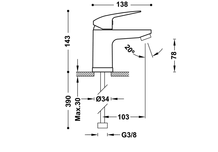 Grifo de lavabo Tres Base Plus Croquis 1