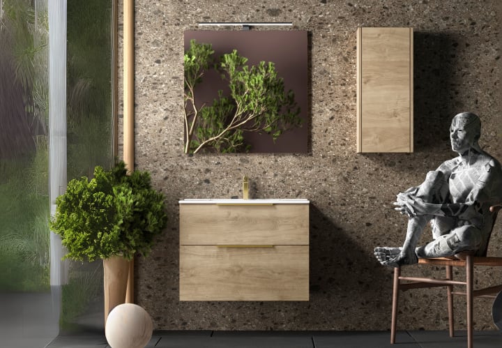 Conjunto mueble de baño fondo reducido 39cm Coycama Comet tirador dorado Principal 1