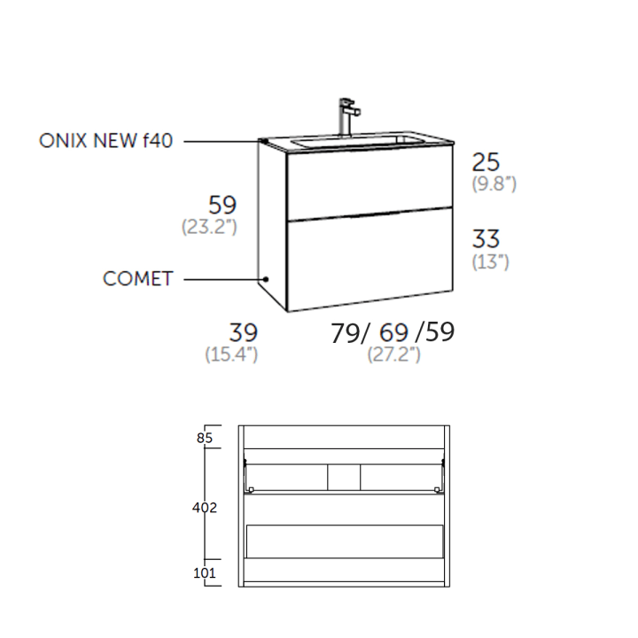 Conjunto mueble de baño fondo reducido 39cm Coycama Comet tirador dorado Croquis 6