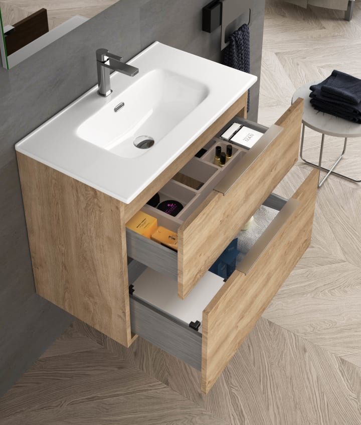 Conjunto mueble de baño fondo reducido 39cm Coycama Comet tirador dorado Detalle 4