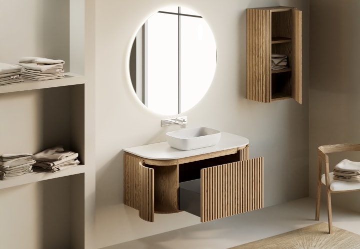 Mueble de baño madera varias medidas maciza de fresno con encimera Solid Surface Bruntec Neo Curve Detalle 2