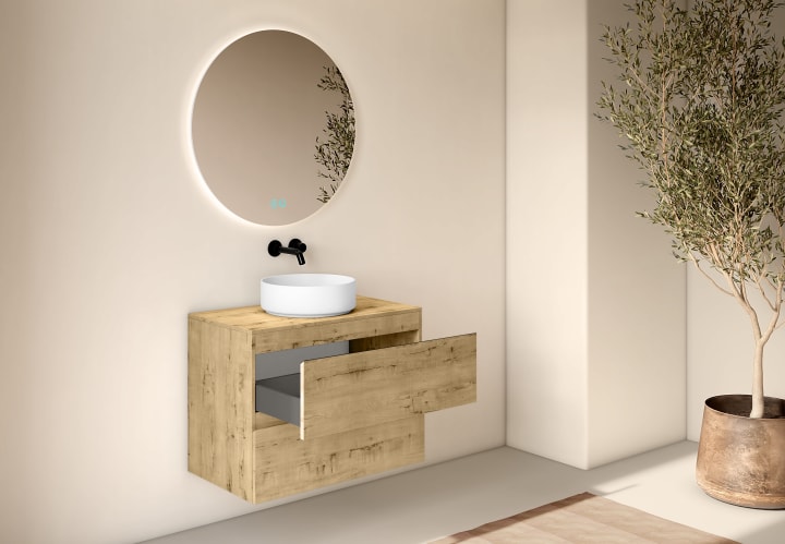 Mueble de baño fondo reducido 39 cm con encimera de madera Bruntec Roma Detalle 7