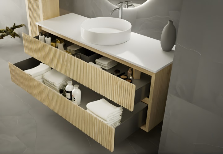 Mueble de baño madera maciza con encimera solid surface Bruntec Alpes 19 Detalle 2