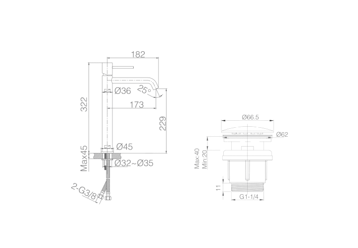 Pack Grifo de lavabo caño alto Imex Monza + Válvula click-clack + Sifón visto redondo Croquis 9