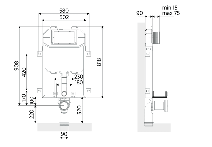 Pack Inodoro + cisterna empotrada + pulsador Bruntec Square Croquis 7