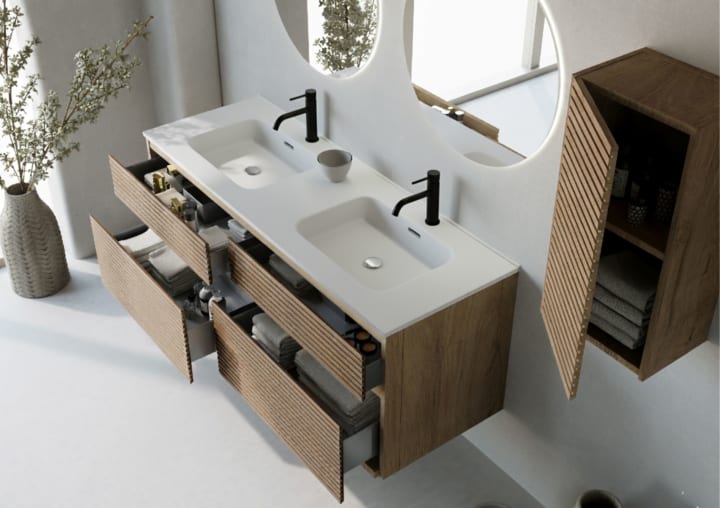 Conjunto de mueble de baño madera maciza palilleria Horizontal Bruntec Alpes 7 Detalle 2