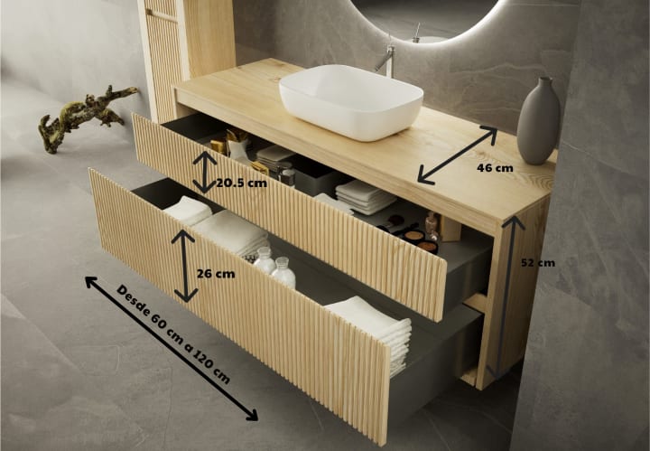 Mueble de baño con encimera de madera maciza Bruntec Alpes Croquis 7