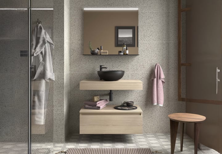 Conjunto mueble de baño con encimera del mismo color del mueble y cajonera Salgar Domus Ambiente 7
