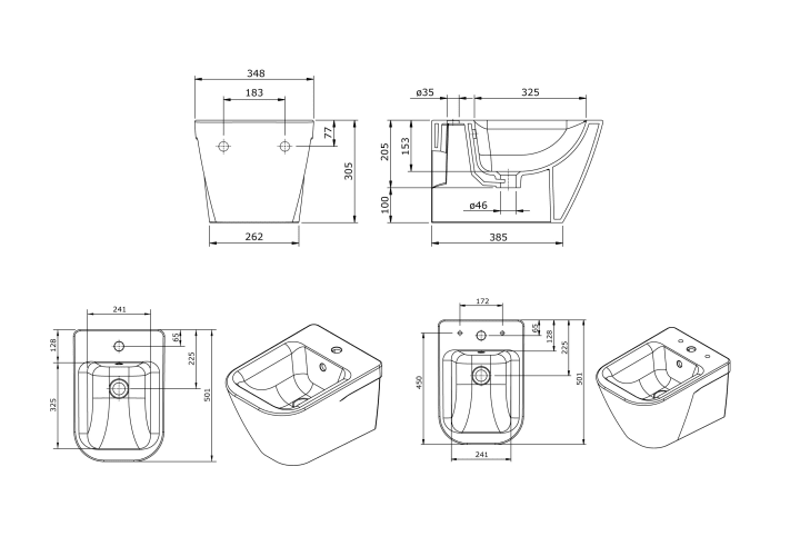 Pack inodoro + cisterna empotrada + pulsador + bide Unisan Sanindusa Look Croquis 8