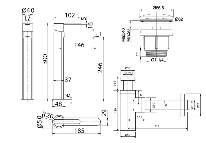 Pack Grifo de lavabo caño alto Imex Roma + Válvula click-clack + Sifón Croquis 9