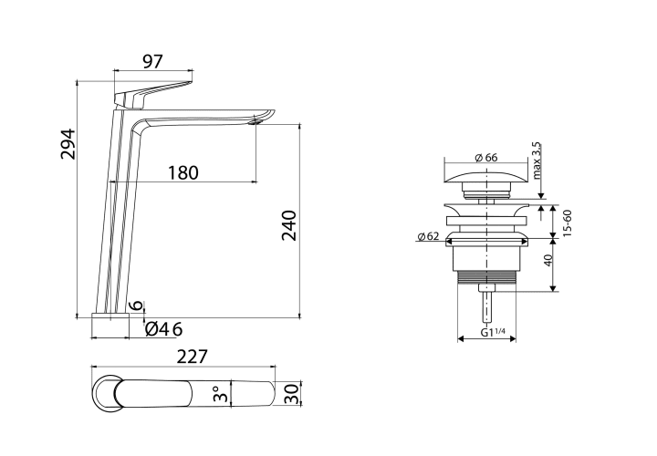 Pack Grifo de lavabo caño alto Imex Bélgica + Válvula click-clack Croquis 6