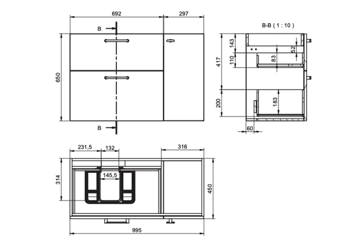 Mueble de baño con banquillo, encimera de madera Viso Verso Croquis 15