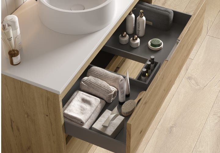 Mueble de baño con encimera Piedra Compactada blanca Bruntec Artemisa Detalle 7