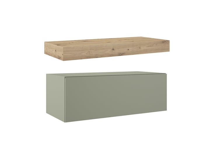 Mueble de baño con encimera de madera 10 cm de altura en color Roble Costa con cajonera Visobath Nomad Principal 4