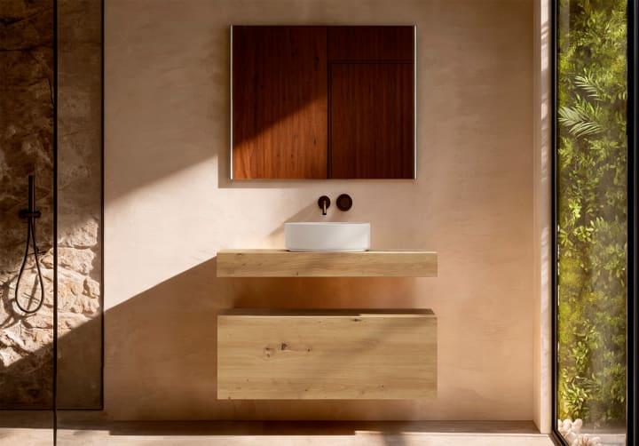 Mueble de baño con encimera de madera 10 cm de altura en color Roble Costa con cajonera Visobath Nomad Principal 1