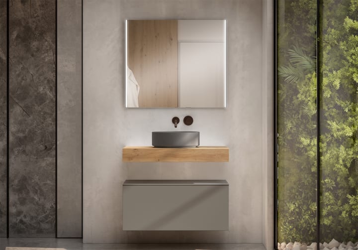 Mueble de baño con encimera de madera 10 cm de altura en color Roble Costa con cajonera Visobath Nomad Principal 7