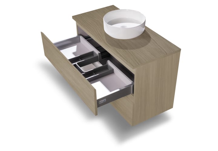 Mueble de baño color madera laminada con encimera de madera Bruntec Vilma Detalle 15