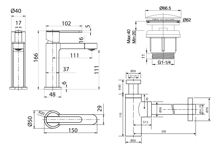 Pack Grifo de lavabo Roma + Válvula click-clack + Sifón Imex Croquis 7
