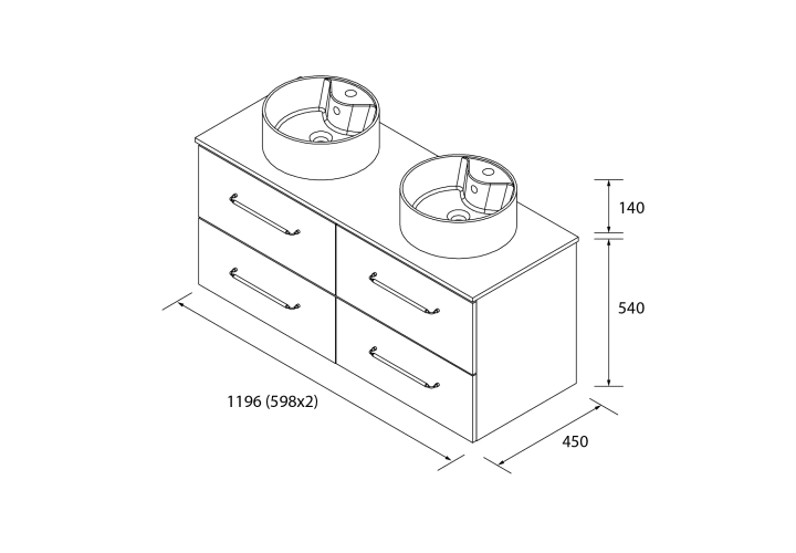 Conjunto mueble de baño con lavabo sobre encimera Salgar Morai Croquis 4