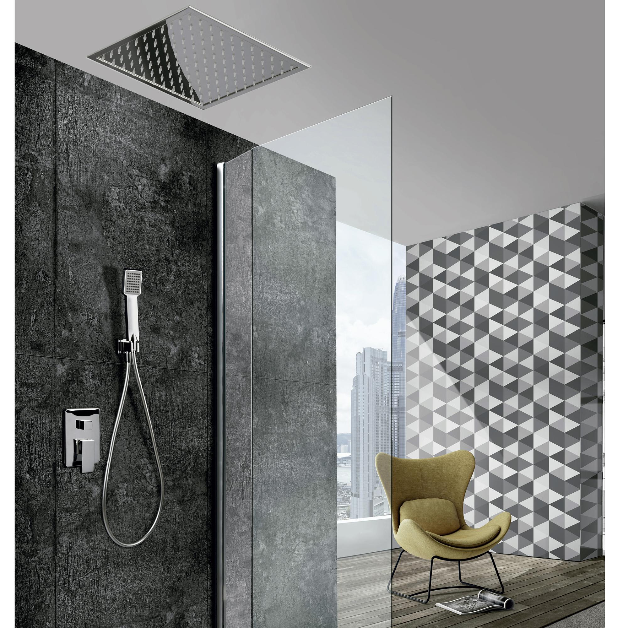 Conjunto de ducha redonda empotrada a techo fabricada en latón y acero  inoxidable de color cromado