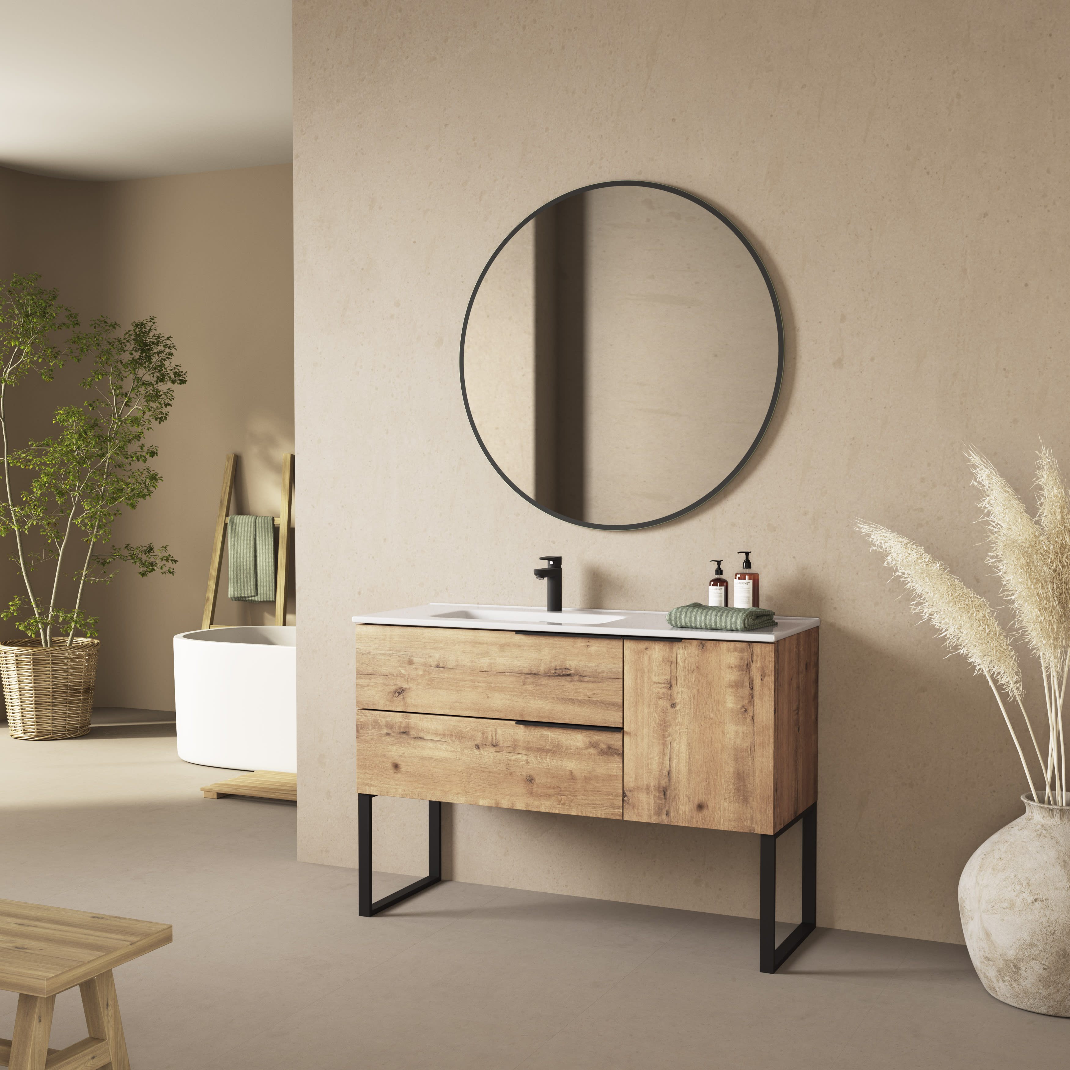 Mueble de Baño con patas + Lavabo negro 80 cm SMART – Madera y Metal N –  Entorno Baño