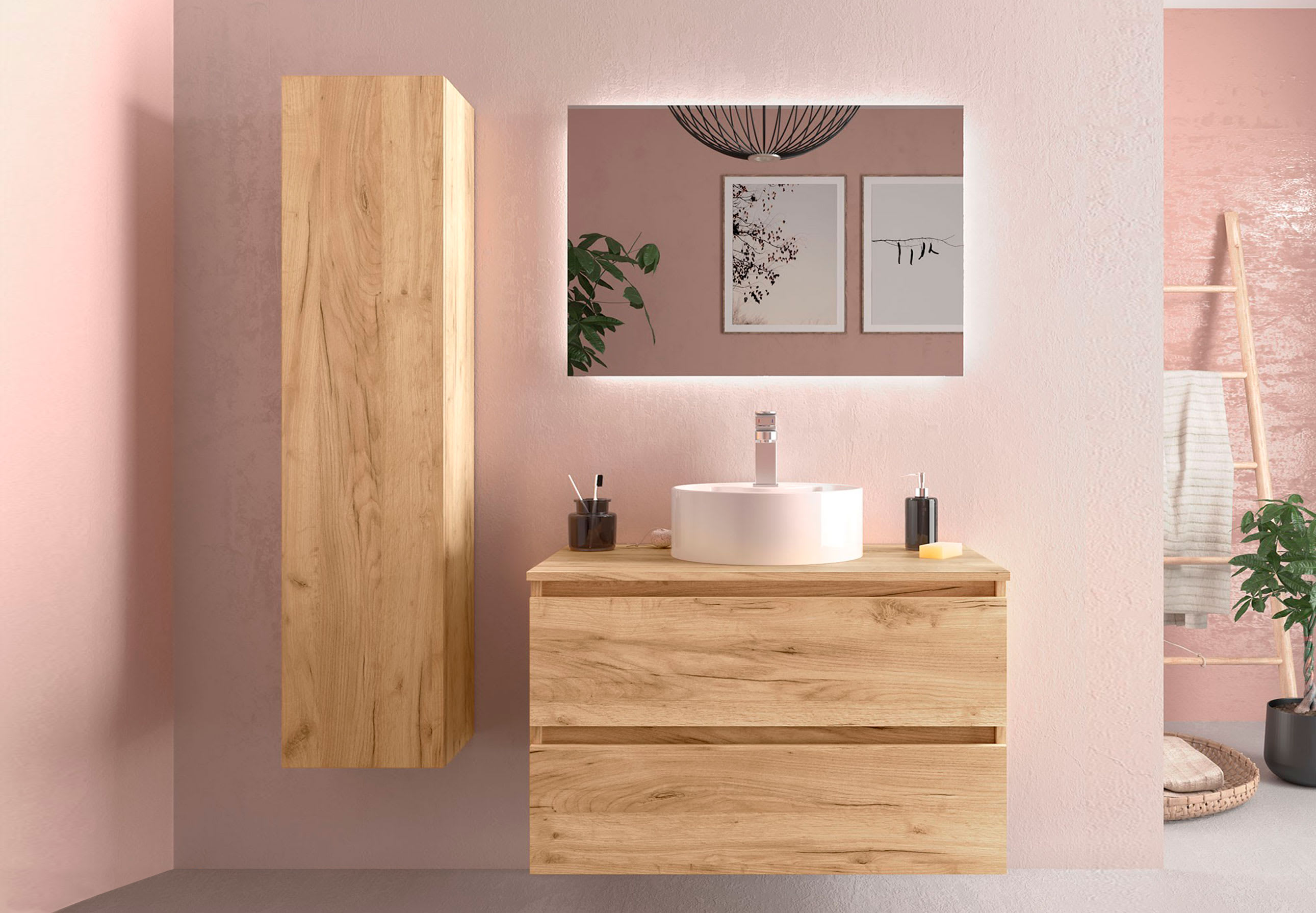 Mueble de baño suspendido 70 cm de madera Roble Caledonia con lavabo de  porcelana Standard