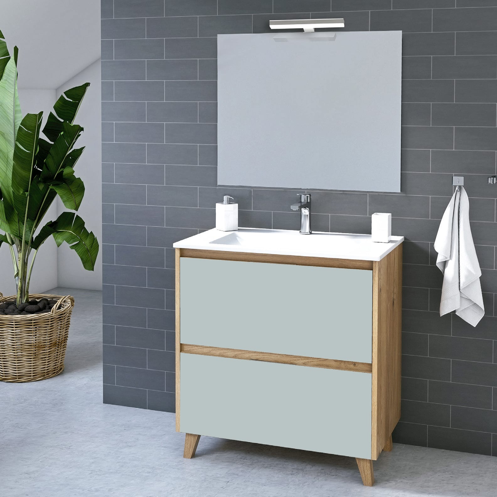 Conjunto de mueble de baño Emma derecha y armario (120 cm, Nogal, Efecto  madera)