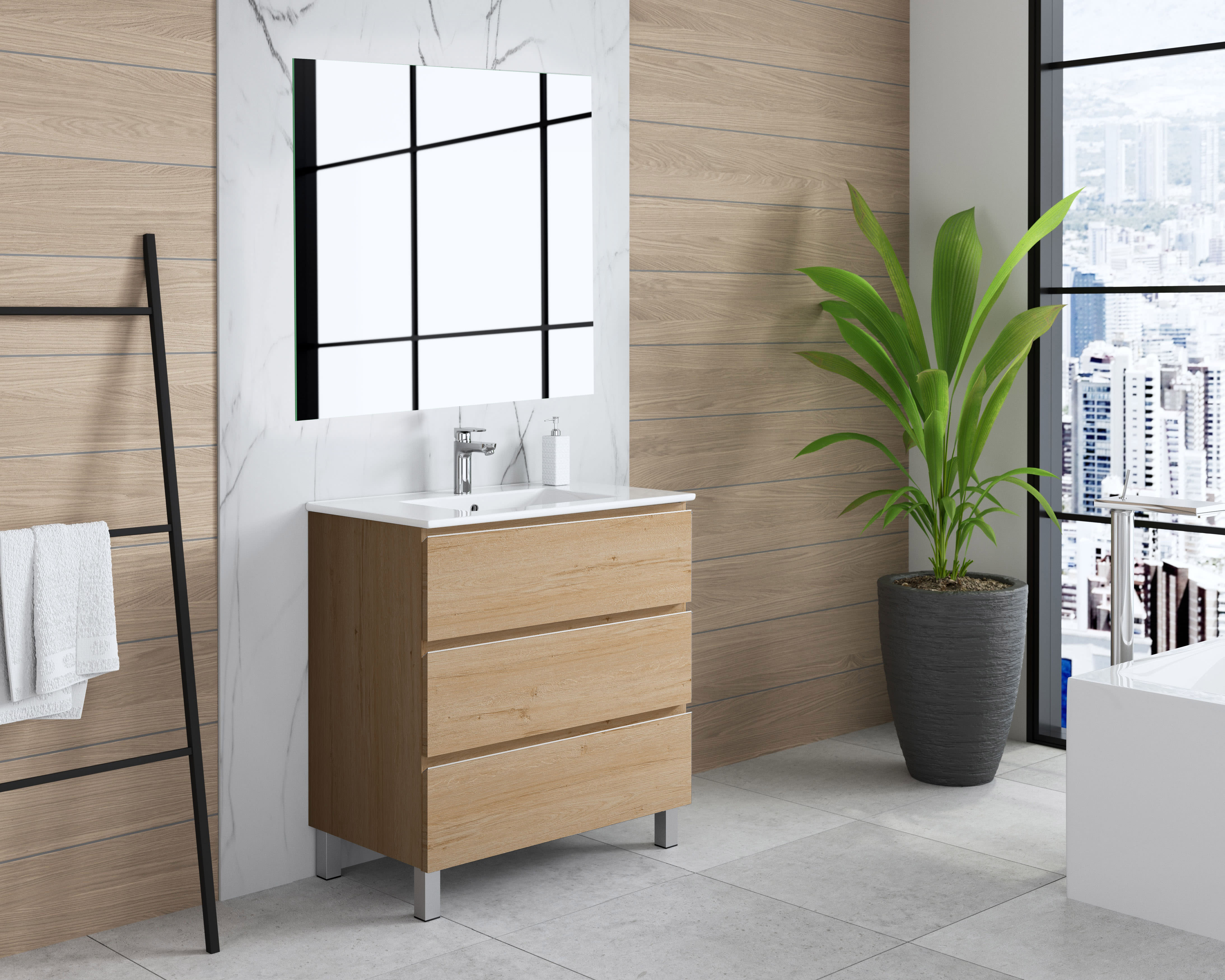 ▷ Conjunto mueble de baño de Sanchís Deco Lux suspendido con encimera de  madera y lavabo sobre encimera