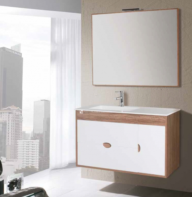 Mueble de baño de estilo moderno suspendido en color blanco y madera